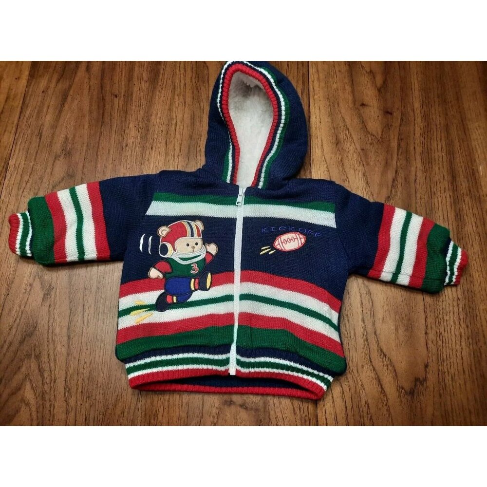 Vintage Outbrook Kids Sweater Fleece Lined Coat Football  Bear Zip 12 Months